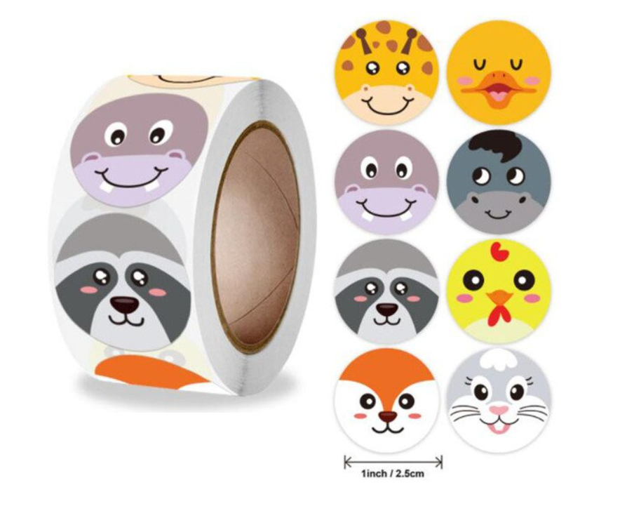 Animal Faces 2 Stickers 500 on a roll - Colourful Teacher Merit Stickers