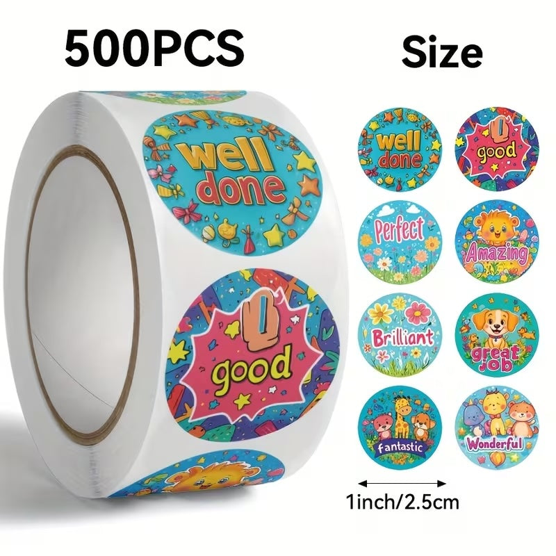 New! Awesome!  Award Stickers 500 on a roll -  Colourful Teacher Merit Stickers