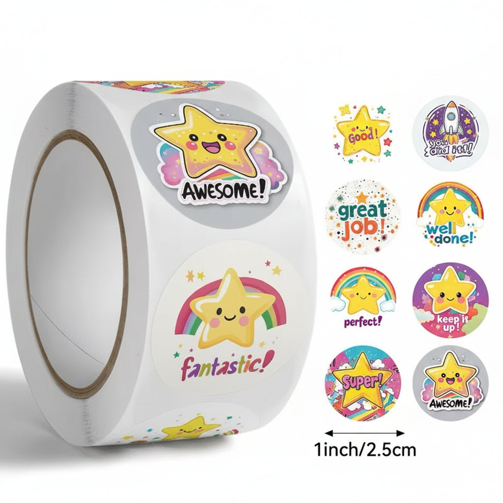 A roll of cute cartoon star stickers with text like &