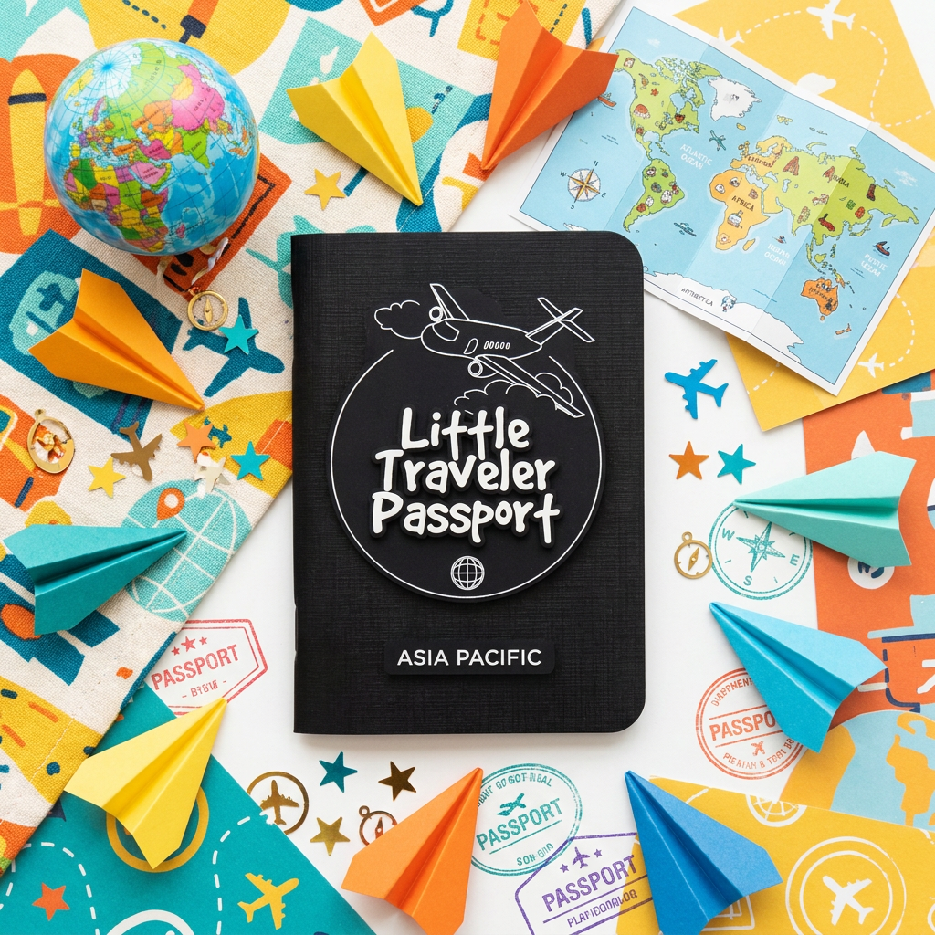 A black passport-style notebook or book cover with white airplane and globe illustrations and the text &