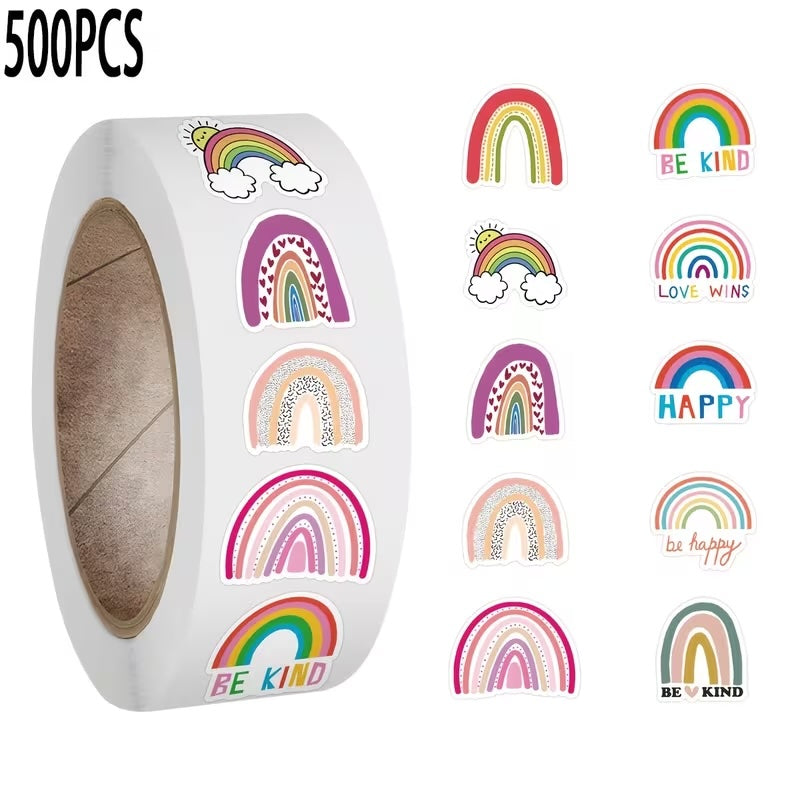 NEW! Boho Rainbows Stickers 500 on a roll -  Colourful Teacher Merit Stickers