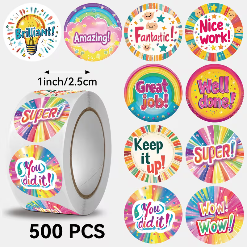 NEW! Brilliant Colourful Stickers 500 on a roll - Colourful Teacher Merit Stickers