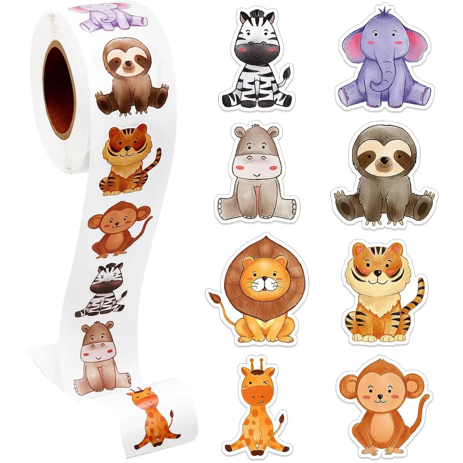 Roll of animal stickers with various cartoon animals on a white background
