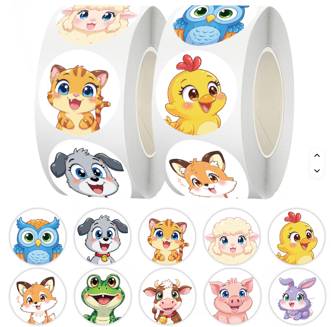*NEW Cute Animal Faces! 500 on a roll - Colourful Teacher Stickers