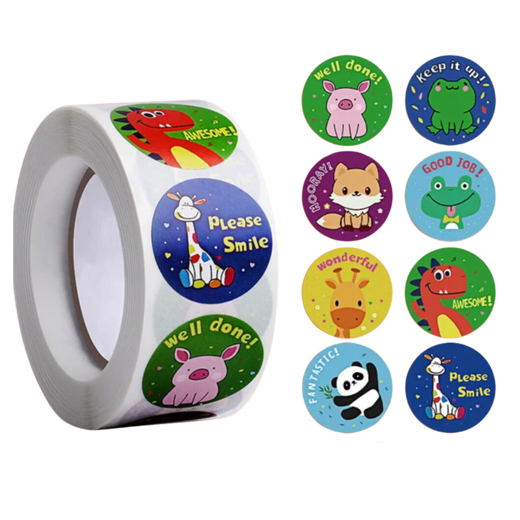 Cute Animals 3 Stickers 500 on a roll - Colourful Teacher Merit Stickers