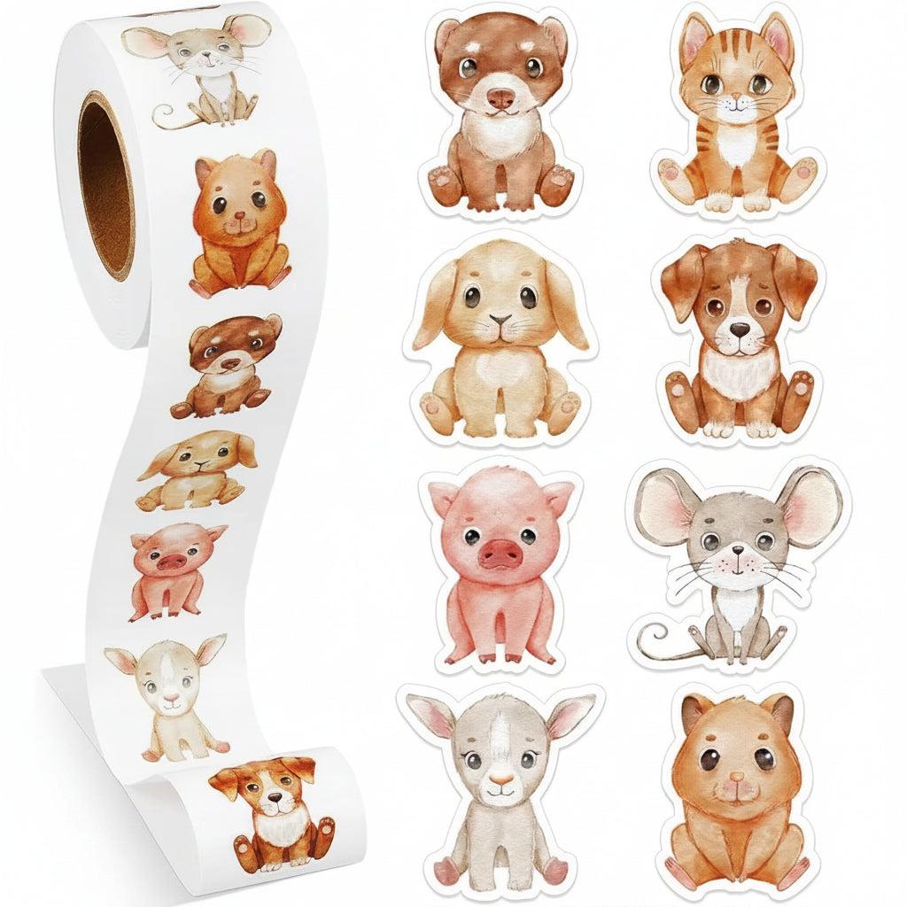 Roll of animal stickers with various cute animals on a white background