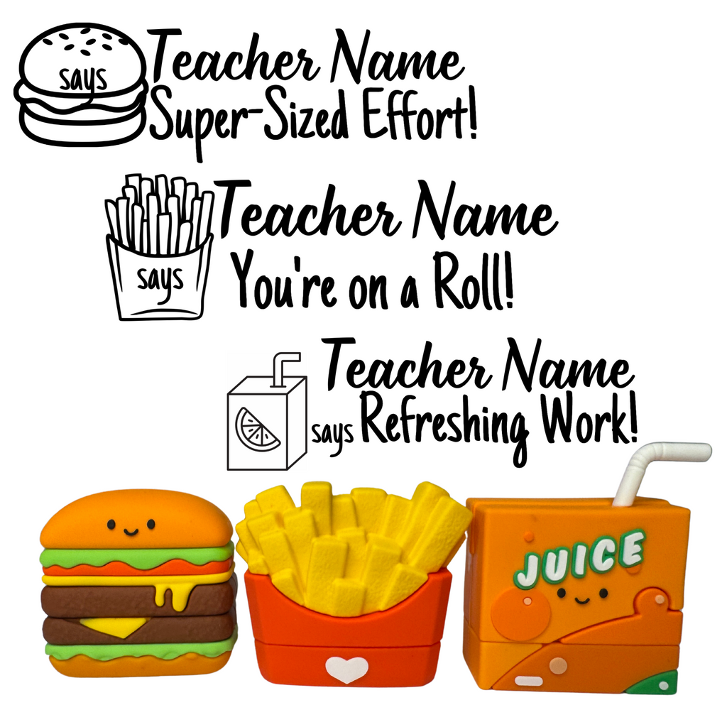 NEW!  Drive Thru Collection Fast Food Personalised Stamp Set - 3 x Teacher Stamps 40mm x 15mm