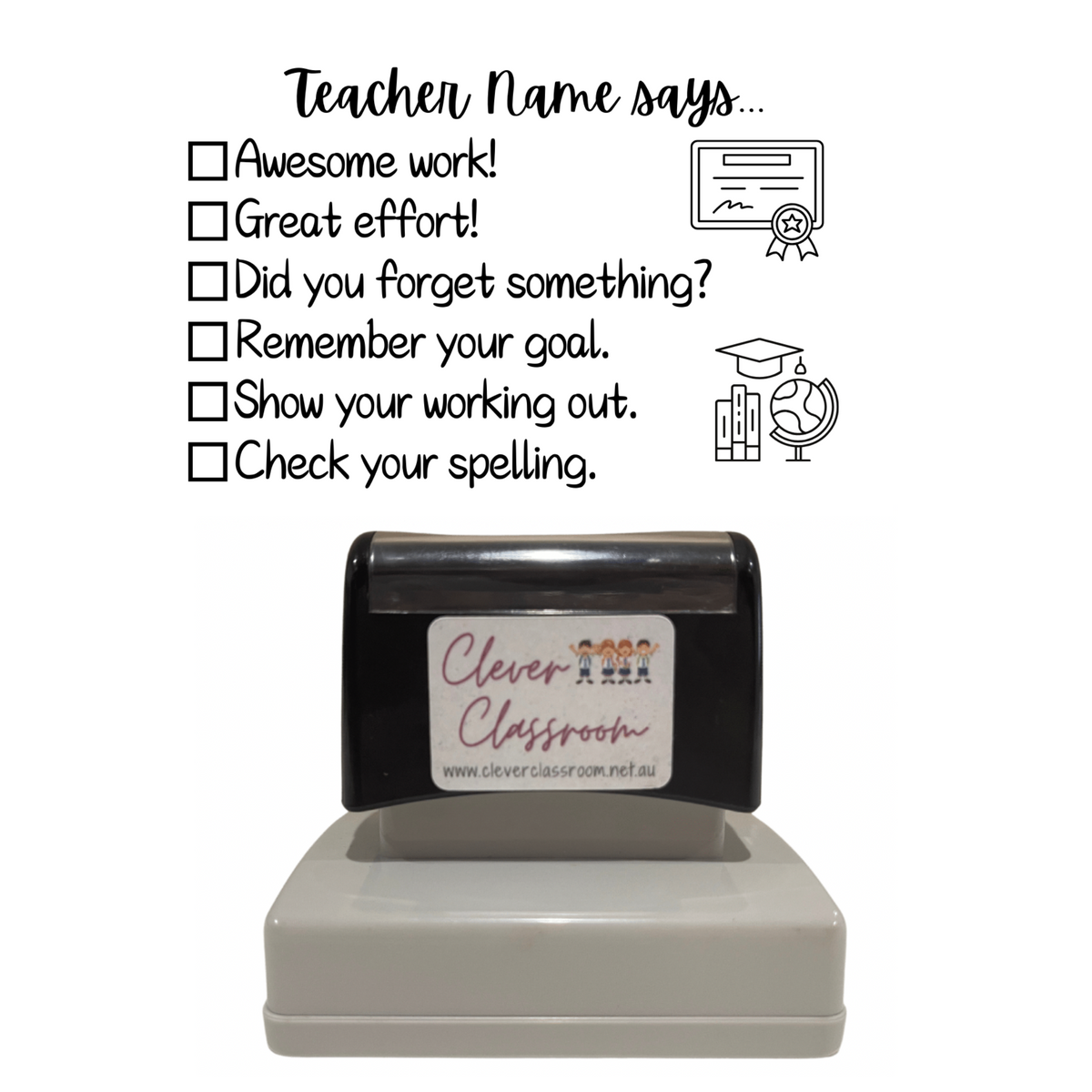 A black pre-inked feedback stamp with a rectangular border, labeled &