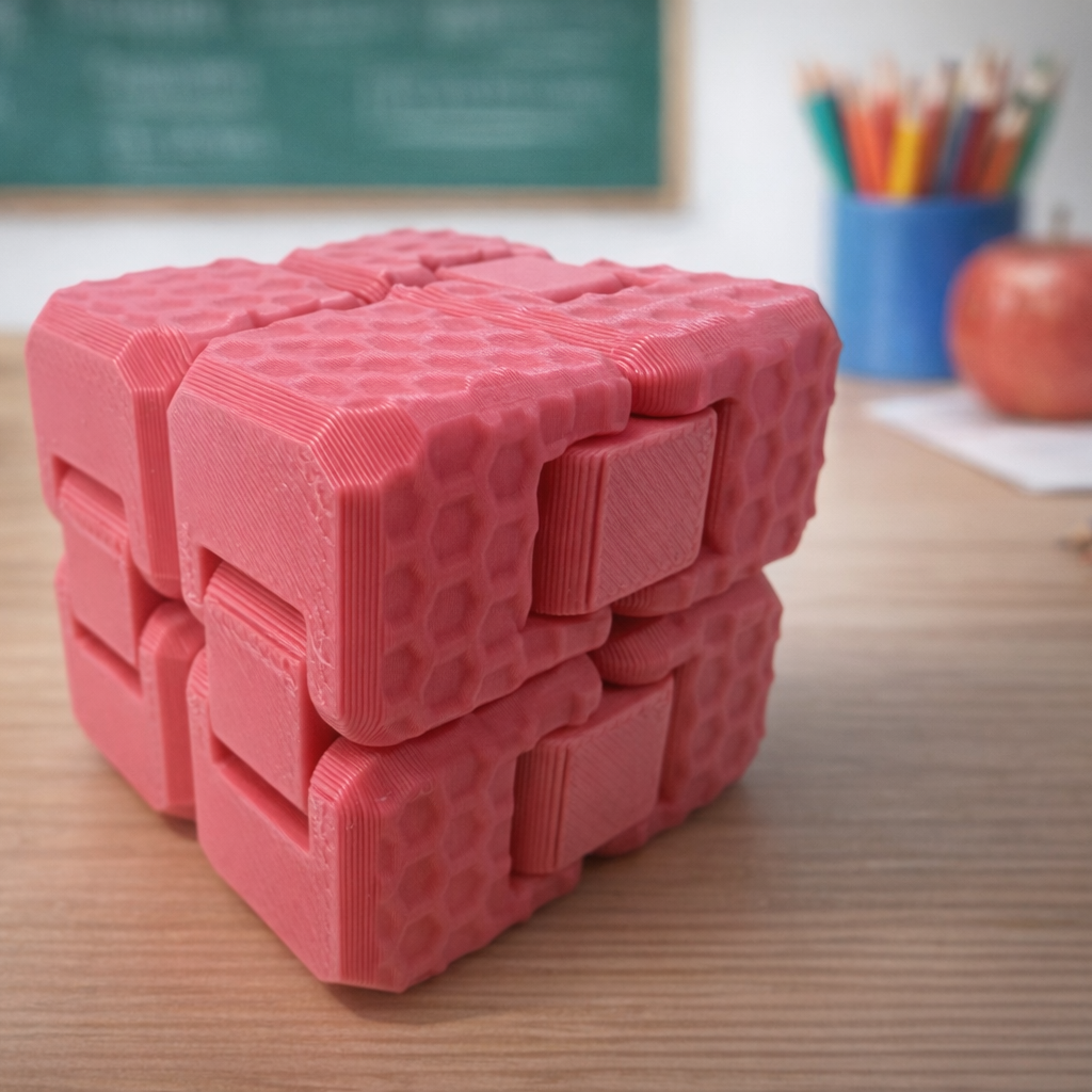 Pink cube-shaped eraser on a desk with school supplies in the background