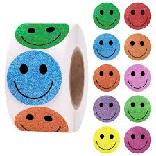 *Smiley Face Glittery Print Holographic Stickers 500 on a roll - Colourful Teacher Merit Stickers