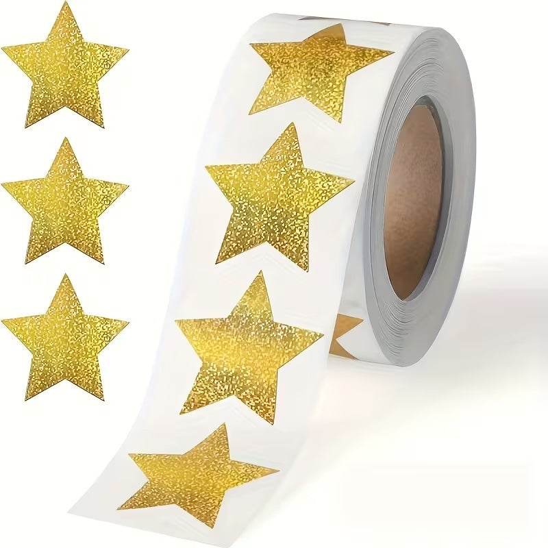 *STARS NEW Gold Glittery Holographic Stickers 500 on a roll - Colourful Teacher Merit Stickers