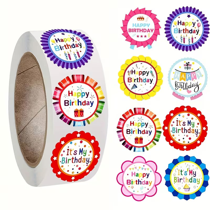 Happy Birthday Medals 500 on a roll -  Colourful Teacher Merit Stickers