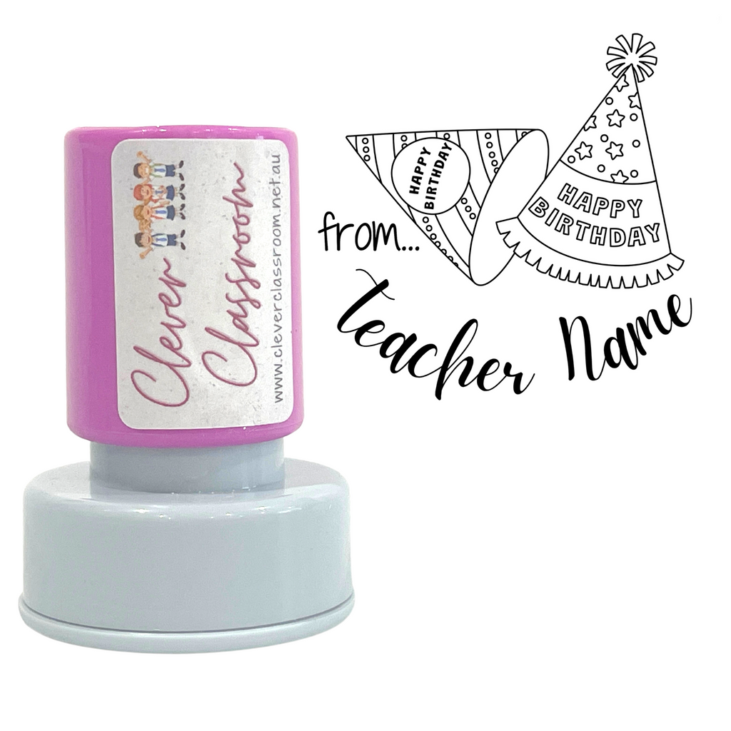 Happy Birthday Hats Personalised Teacher Stamp Self-inking 30mm round