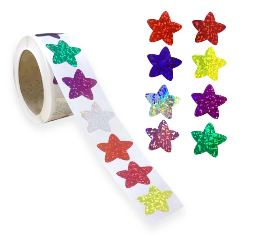 *STARS Multicolour Holographic Stickers 500 on a roll - Colourful Teacher Merit Stickers