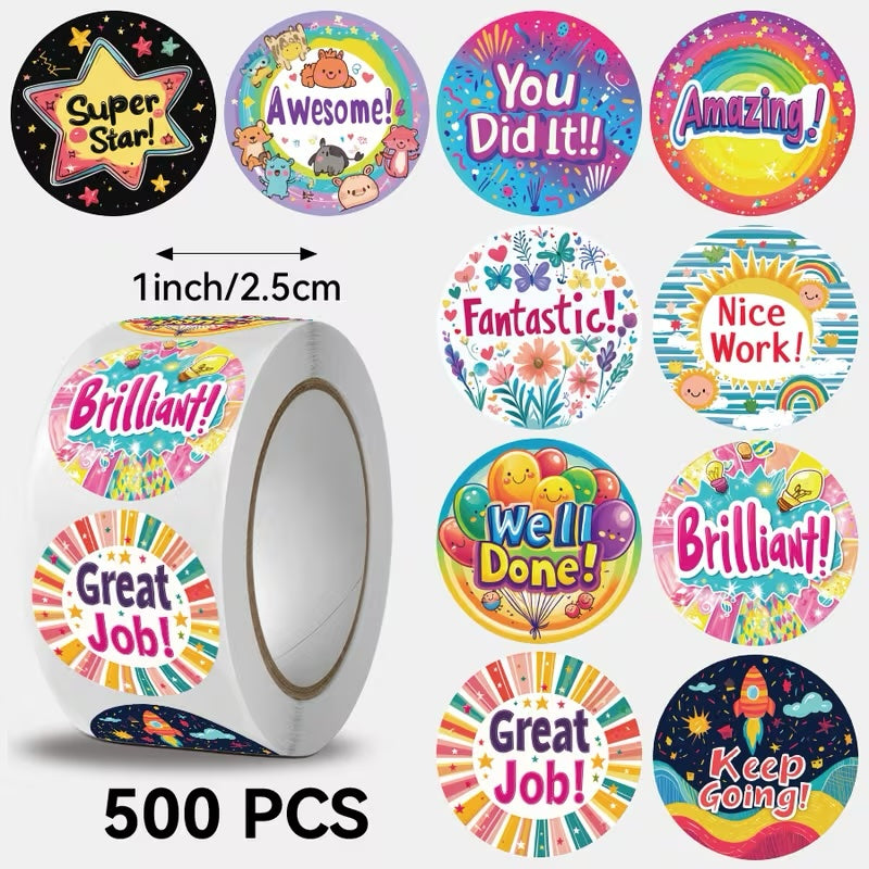 Keep Going Award Stickers 500 on a roll -  Colourful Teacher Merit Stickers