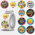 A roll of round sticker labels with motivational phrases, shown alongside multiple sample sticker designs. The text indicates 1 inch / 2.