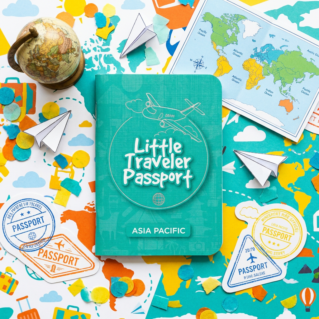 A turquoise travel-themed book or passport cover reading &