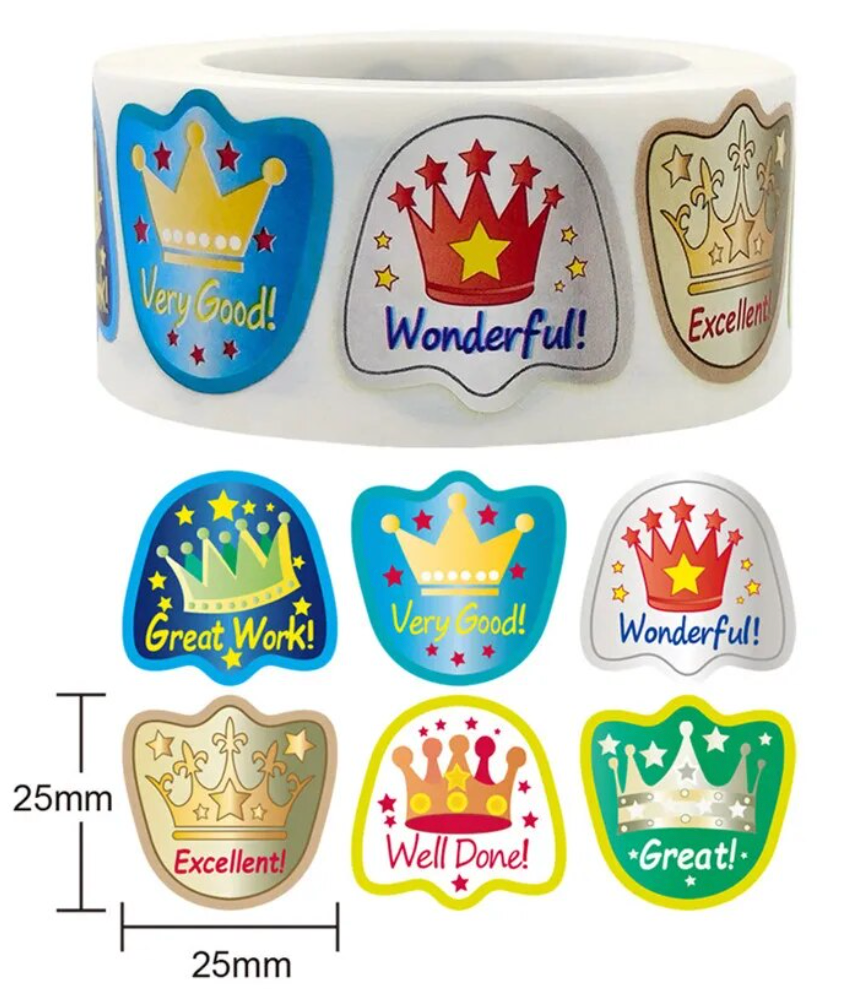 Merit Medallions 2 Stickers 500 on a roll - Colourful Teacher Merit Stickers