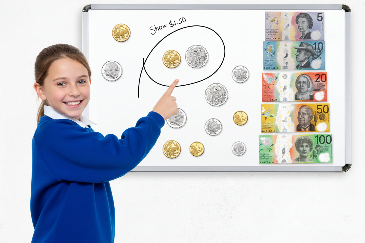 Child pointing at a whiteboard with money-related content