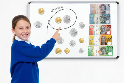 Child pointing at a whiteboard with money-related content