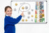 Child pointing at a whiteboard with money-related content