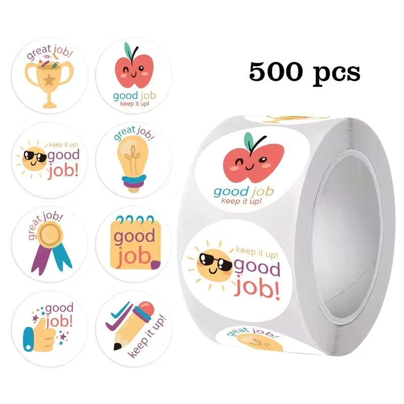 NEW! Good Job Stickers 500 on a roll - Colourful Teacher Merit Stickers