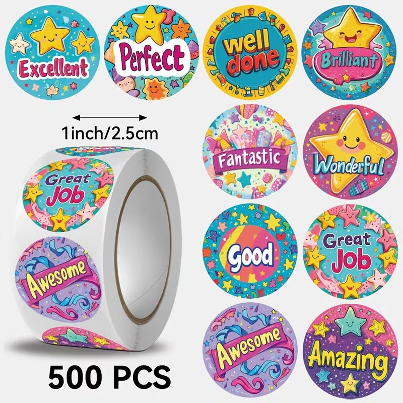 NEW! Perfect!  Award Stickers 500 on a roll -  Colourful Teacher Merit Stickers