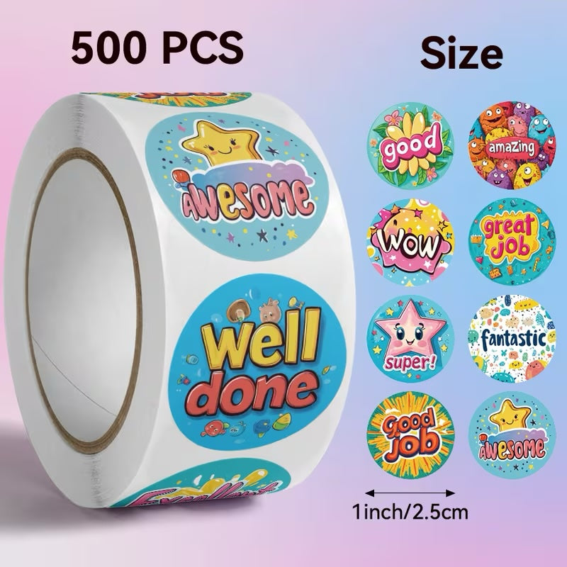 New! Good!  Award Stickers 500 on a roll -  Colourful Teacher Merit Stickers
