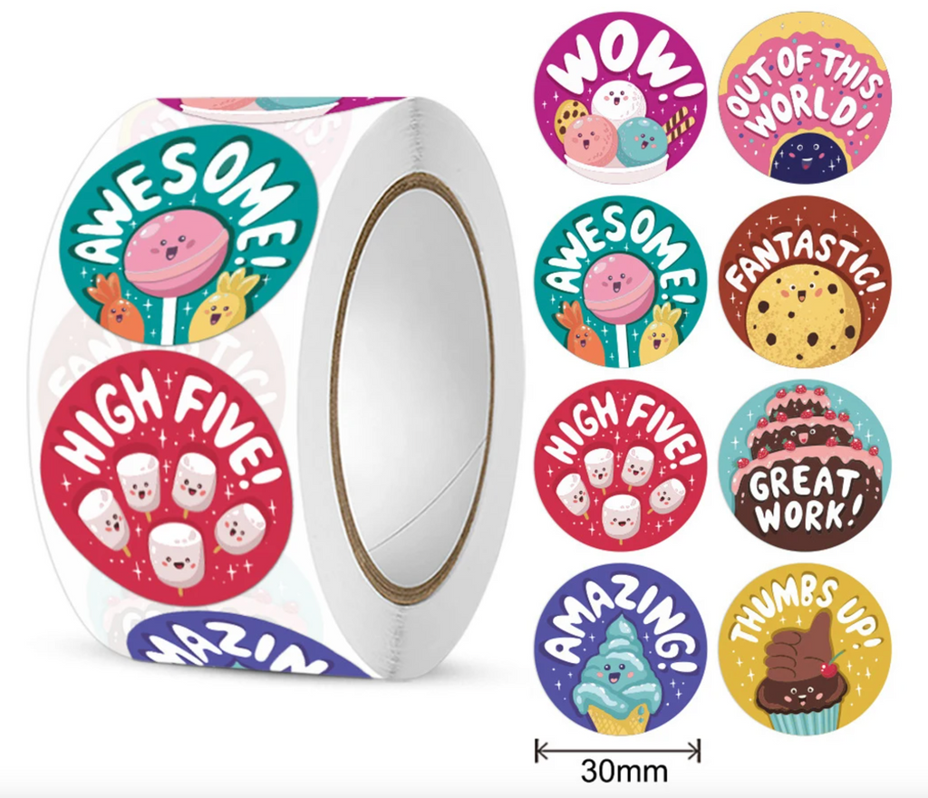 NEW!! Out of this world!  Stickers 500 on a roll -  Colourful Teacher Merit Stickers