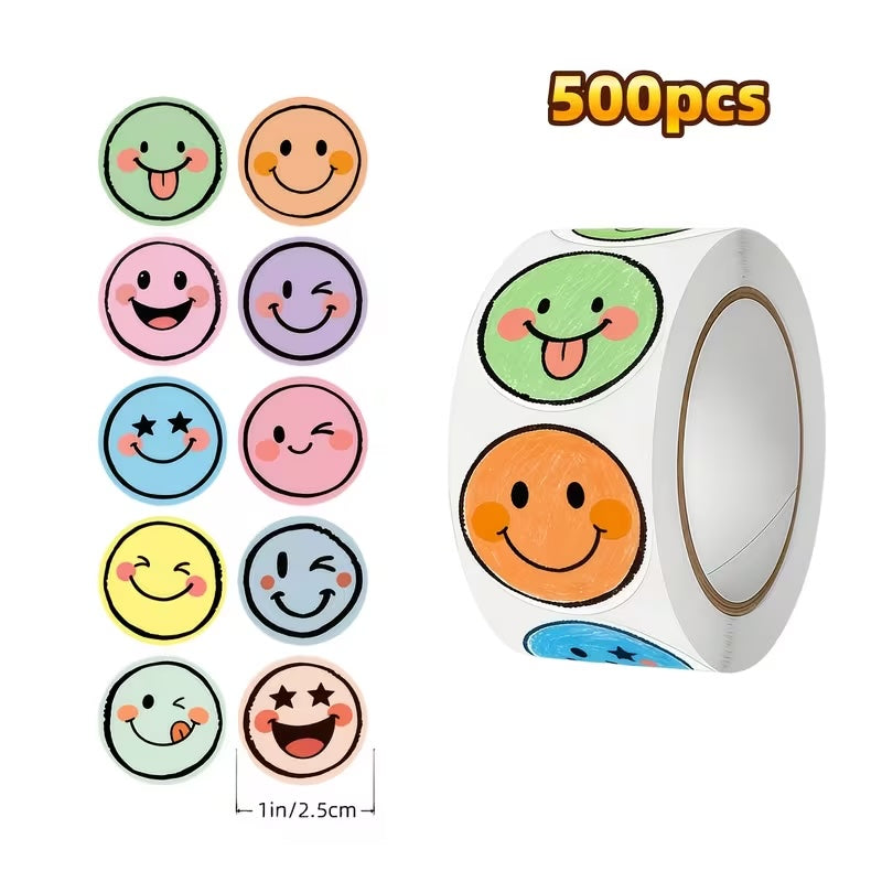 NEW! Pastel Faces Stickers 500 on a roll -  Colourful Teacher Merit Stickers
