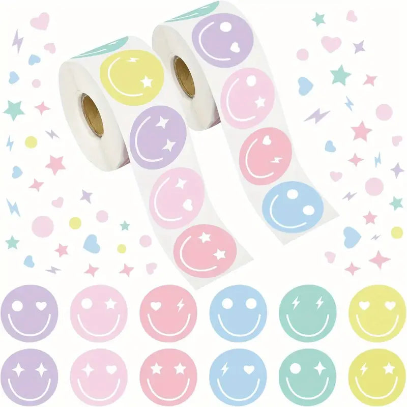 NEW Pastel Smiley Face  Stickers 500 on a roll - Colourful Teacher Merit Stickers