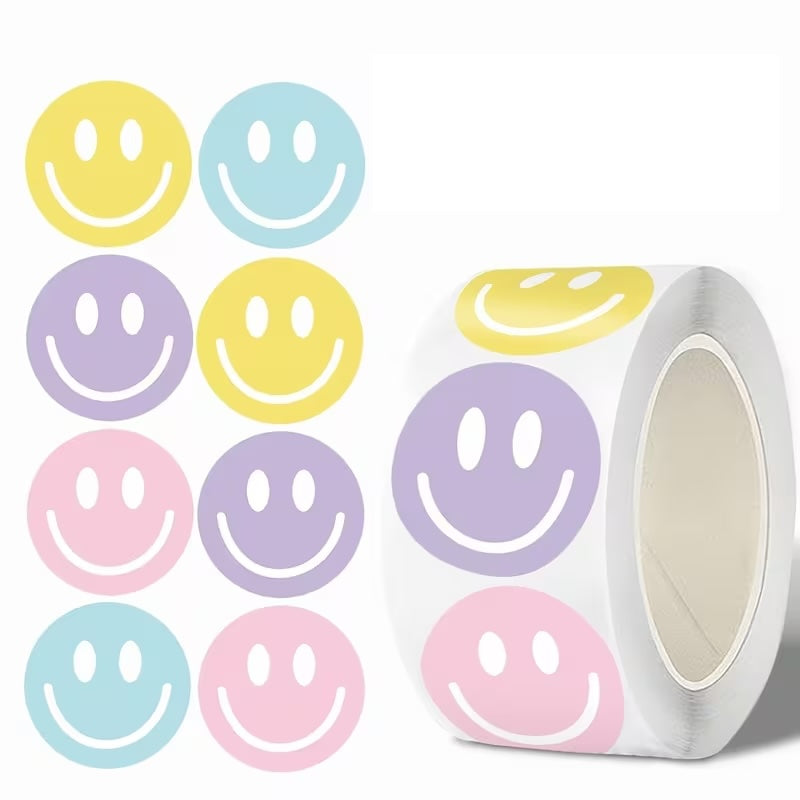 NEW Pastel Smiley Face  Stickers 500 on a roll - Colourful Teacher Merit Stickers