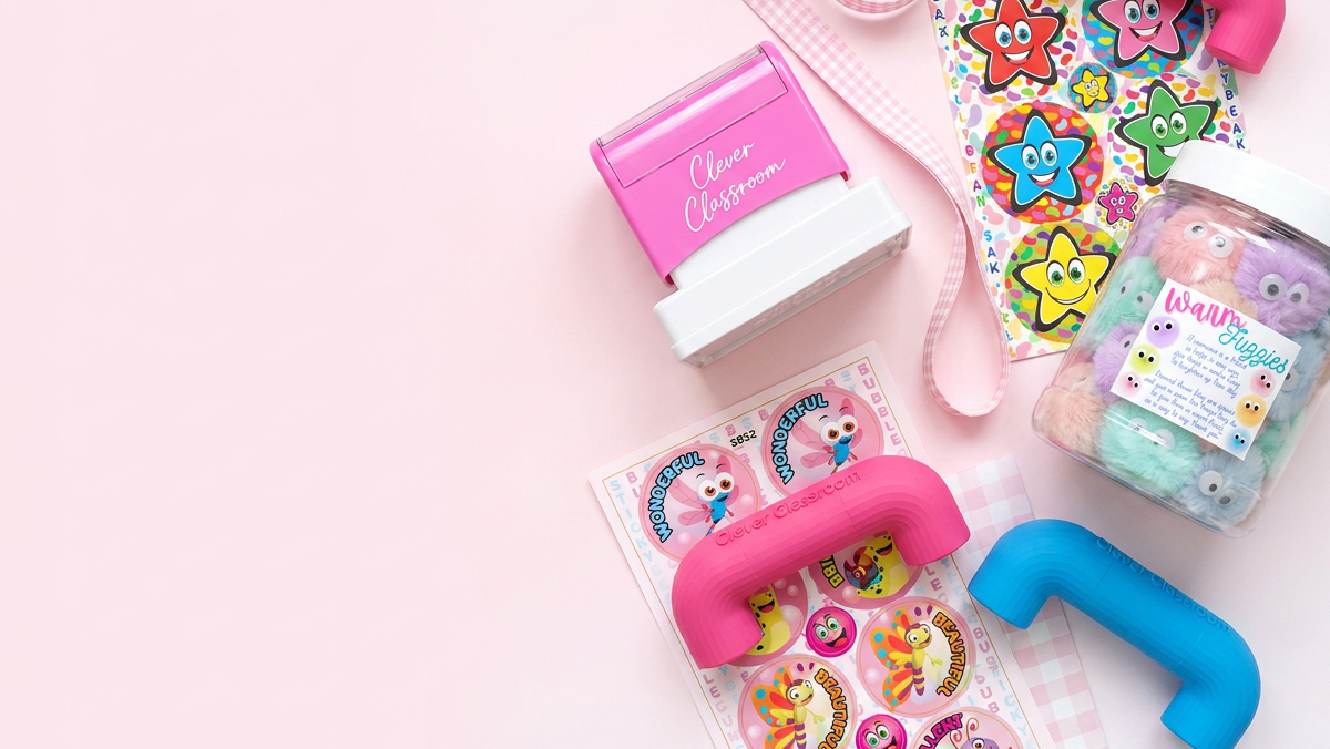 Children's toy set with a pink stamp, colorful stickers, and a small container on a light pink background.