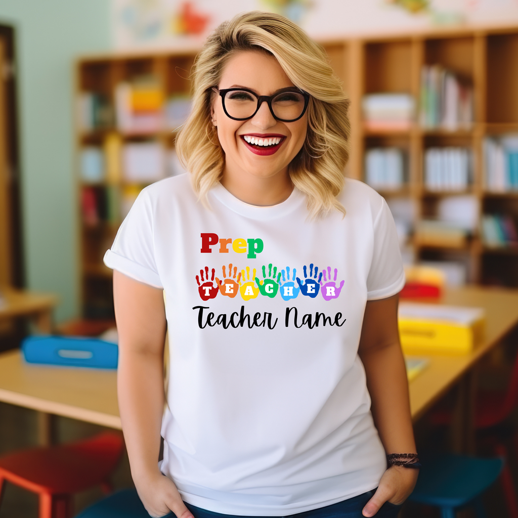 Personalised Prep Rainbow Hands Teacher T-shirt
