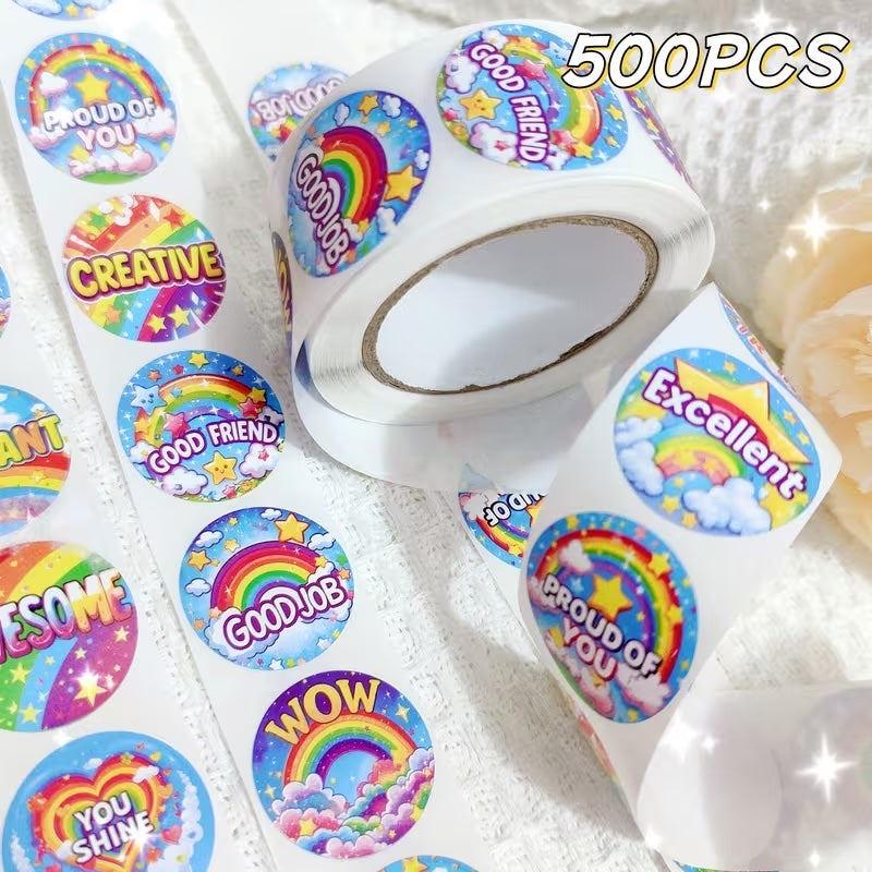 NEW! Proud of You! Rainbows Stickers 500 on a roll -  Colourful Teacher Merit Stickers