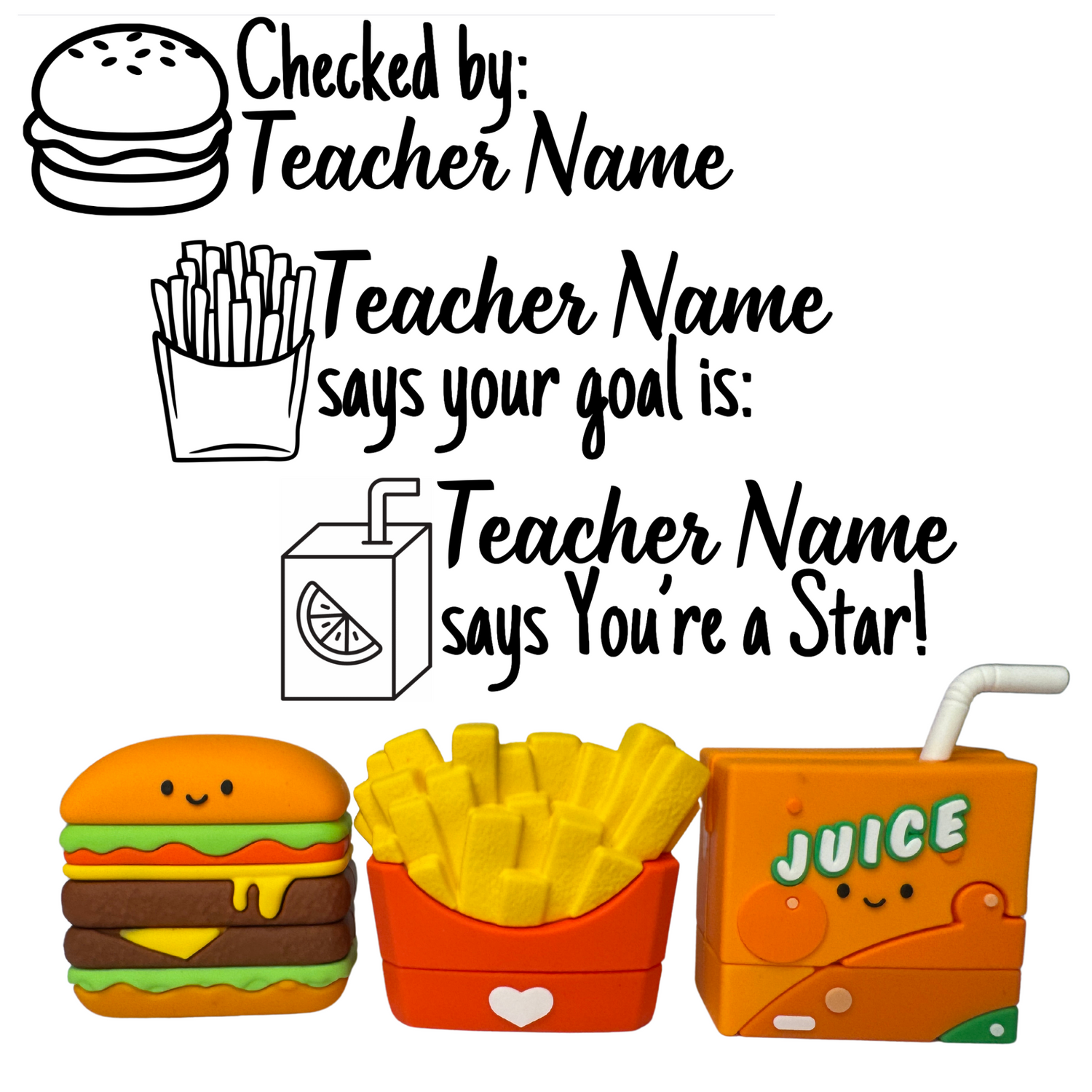 NEW! Quick Bite Collection Fast Food Personalised Stamp Set - 3 x Teacher Stamps 40mm x 15mm