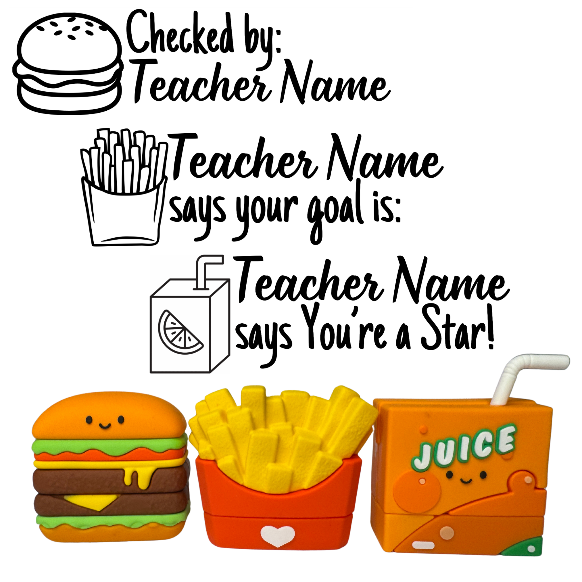 NEW! Quick Bite Collection Fast Food Personalised Stamp Set - 3 x Teacher Stamps 40mm x 15mm