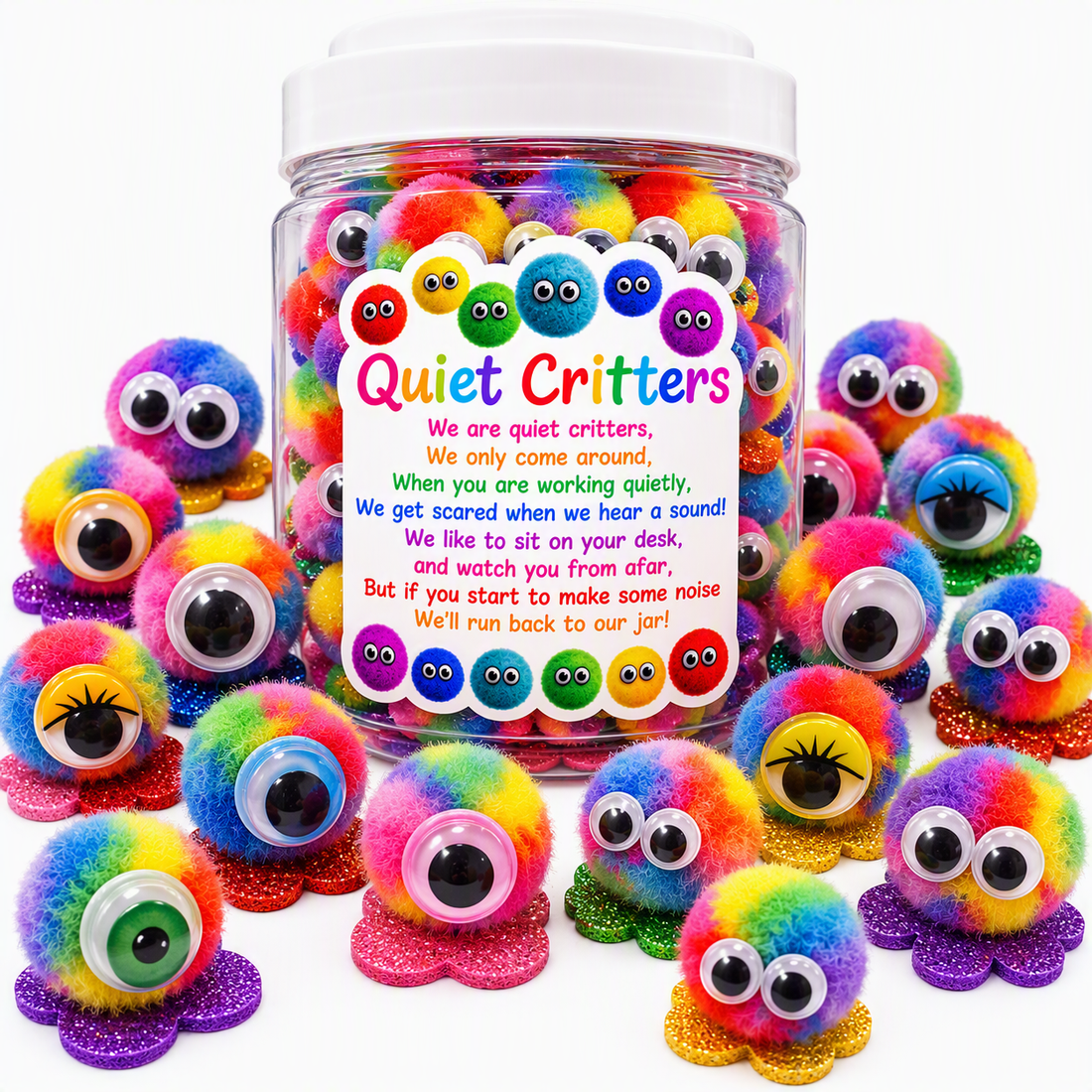 Rainbow Colours Classroom Quiet Rainbow Critters - pompom creatures to use for classroom behaviour
