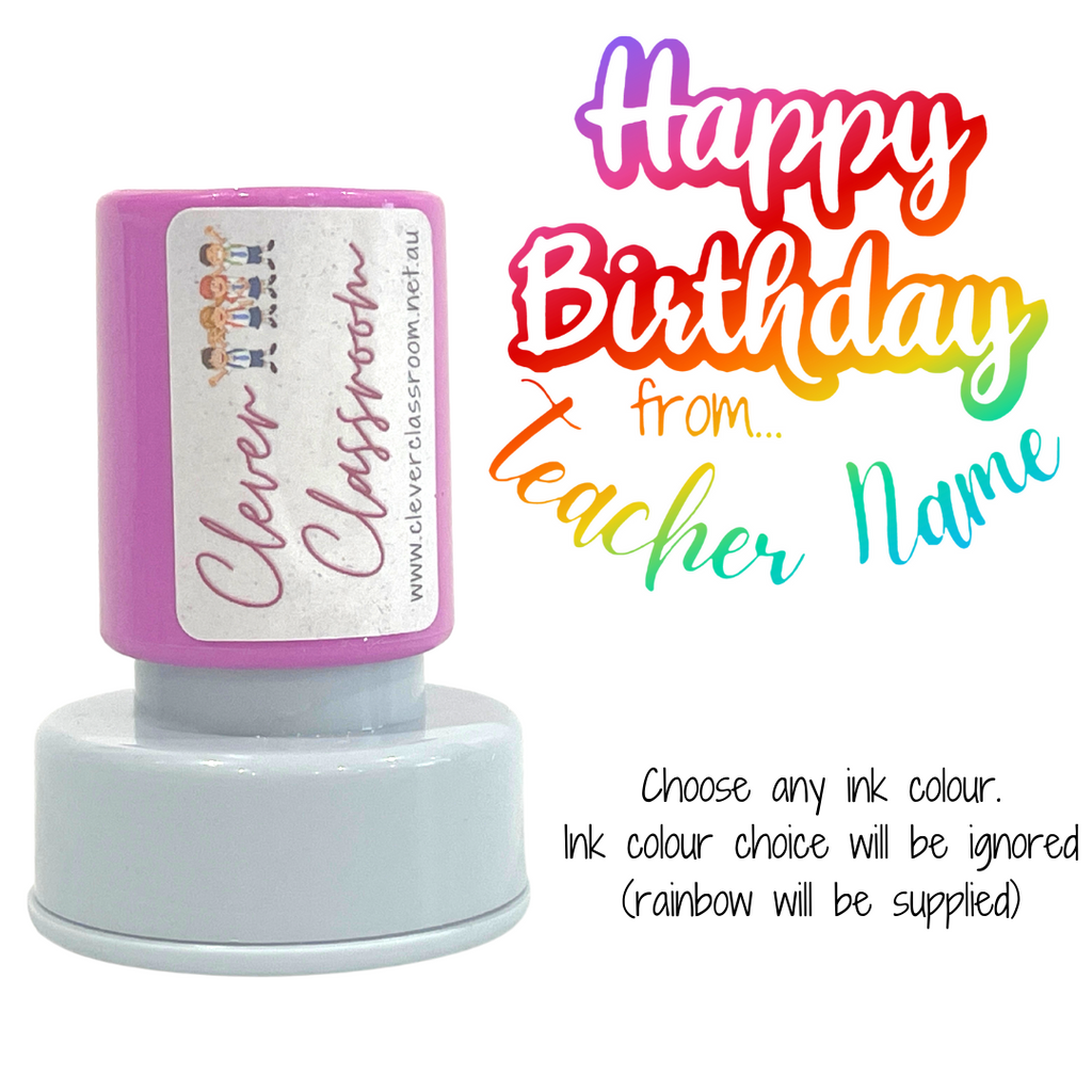 RAINBOW Happy Birthday!  Personalised Teacher Stamp Self-inking 30mm round