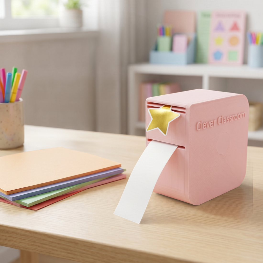 Pink sticker dispenser with star stickers on a desk in a classroom setting