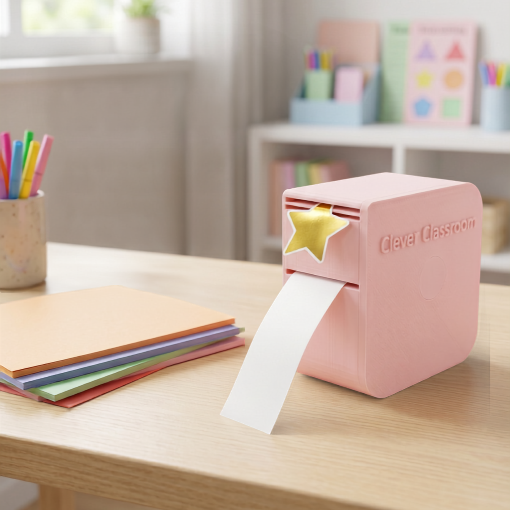 Pink sticker dispenser with star stickers on a desk in a classroom setting