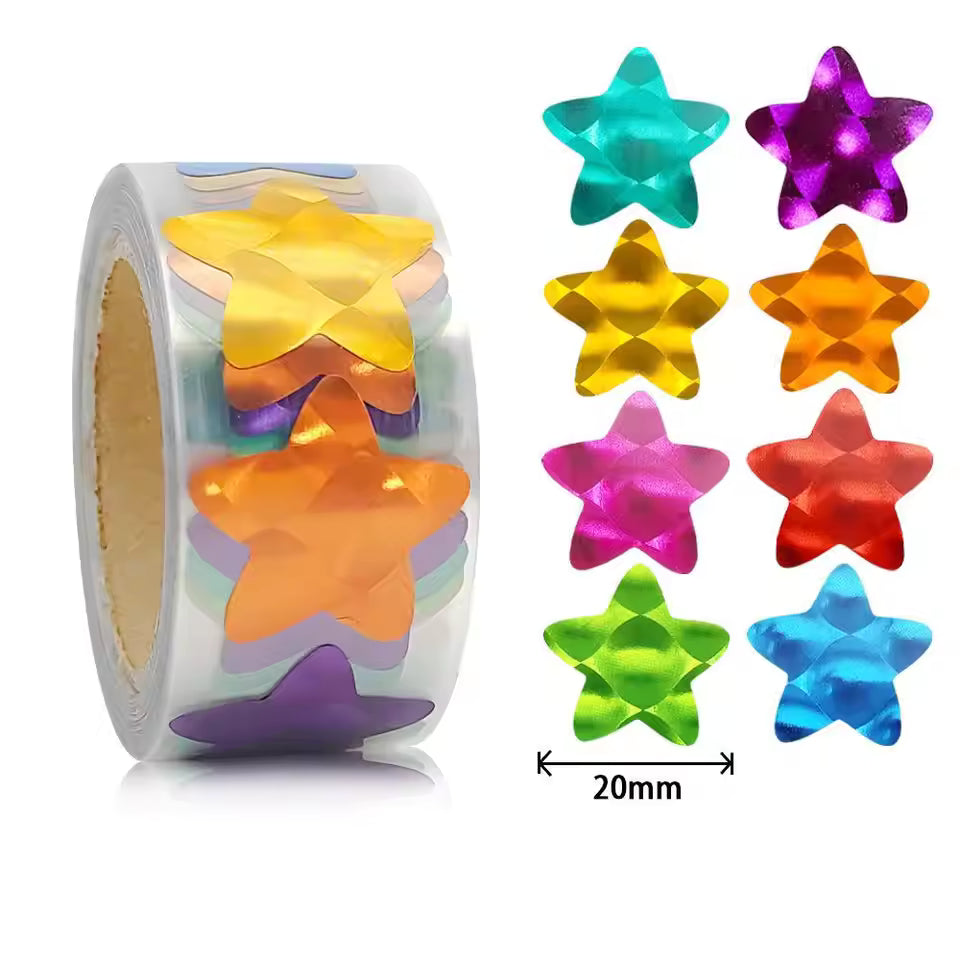 *Mini STARS Multicolour Holographic Stickers 300 on a roll - Colourful Teacher Merit Stickers