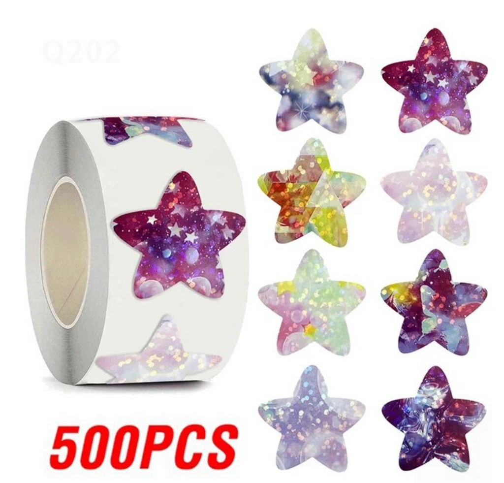 *Pastel STARS Multicolour Holographic Stickers 500 on a roll - Colourful Teacher Merit Stickers