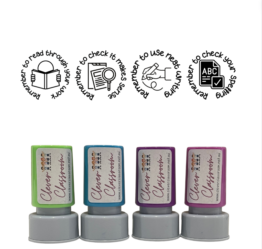 Stamp Set - 4 x Proofreading Writing Feedback Stamps 20mm round