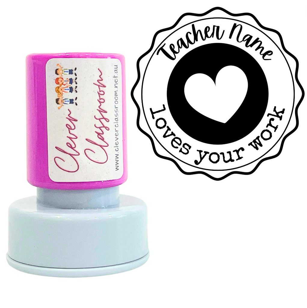 NEW! Personalised - Teacher loves your work !Teacher Stamp Self-inking 30mm round