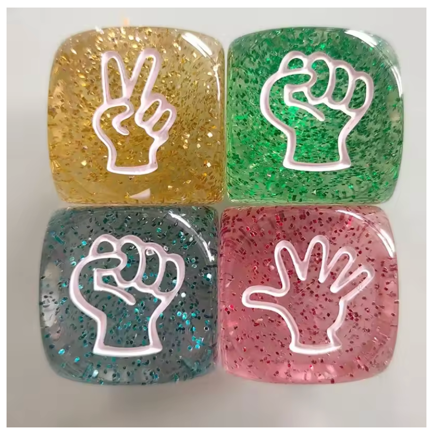 TRANSPARENT Glitter Rock, Paper, Scissors Dice 4 Pack