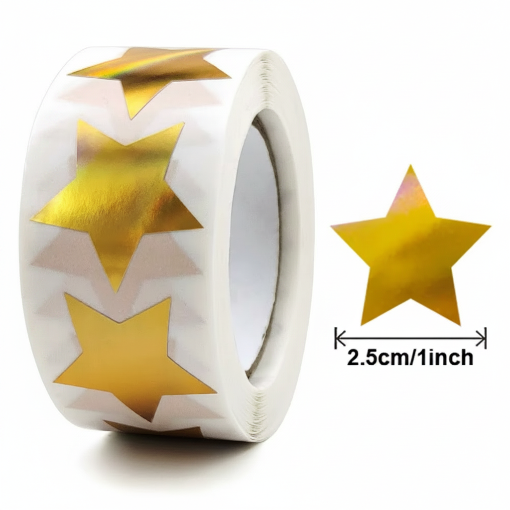 * STARS Shiny Holographic Gold Stickers 500 on a roll - Colourful Teacher Merit Stickers
