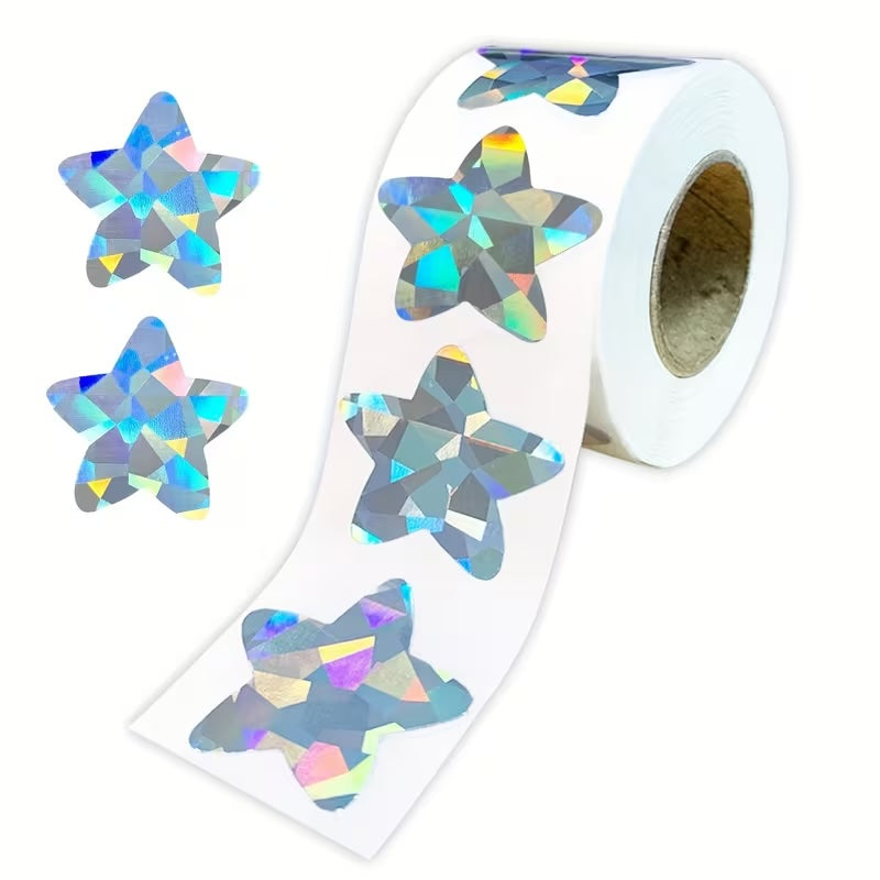 *LARGE STARS Silver Metallic Holograph Stickers 500 on a roll