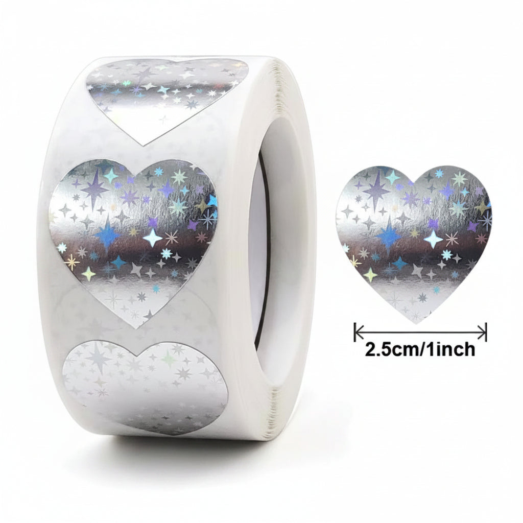 *NEW HEARTS Silver Sparkly Holographic Stickers 500 on a roll - Colourful Teacher Merit Stickers