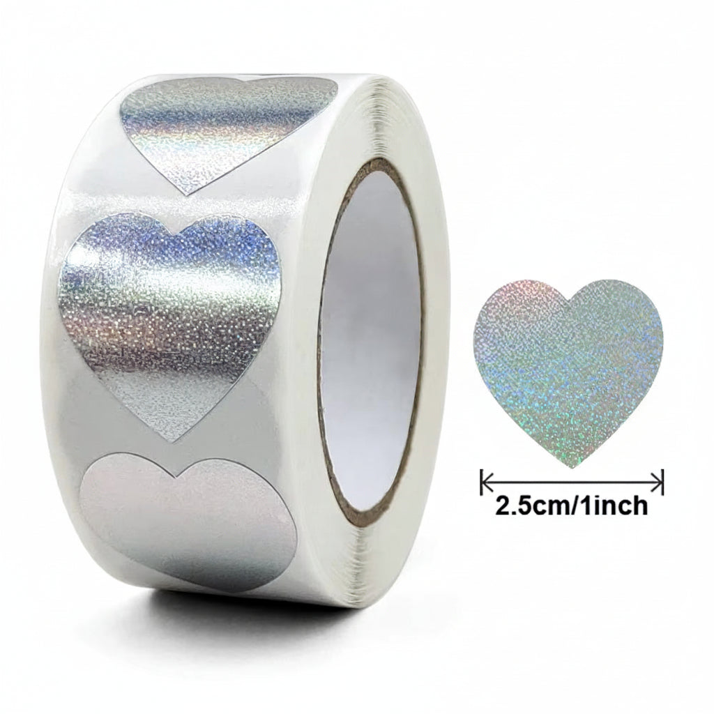 *HEARTS Silver Glittery Holograph Stickers 500 on a roll